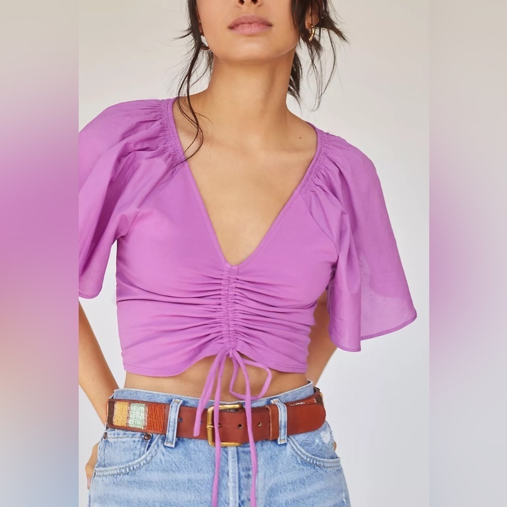 Anthropologie Purple Maeve Cinched Flutter-Sleeve Top